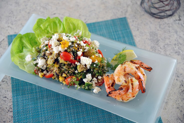 photo of a quinoa salad with shrimp