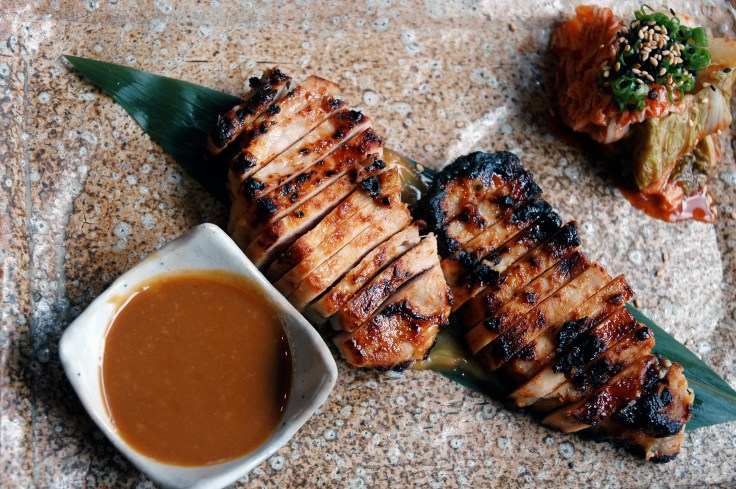 pork loin complimented by miso-wasabi sauce & kimchi