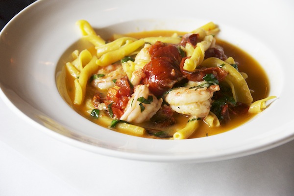 Shrimp & Garganelli Pasta, Tomato Confit, Torn Basil, Toasted Garlic, Parmesan 