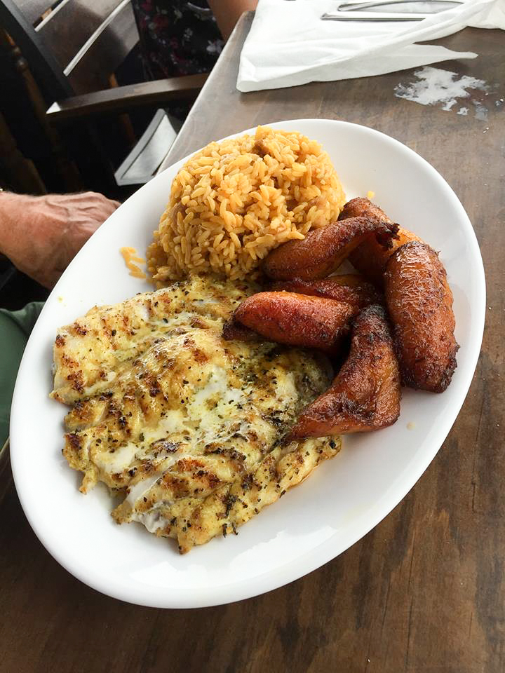Grilled Fish with Yellow Rice and Fried Plaintains
