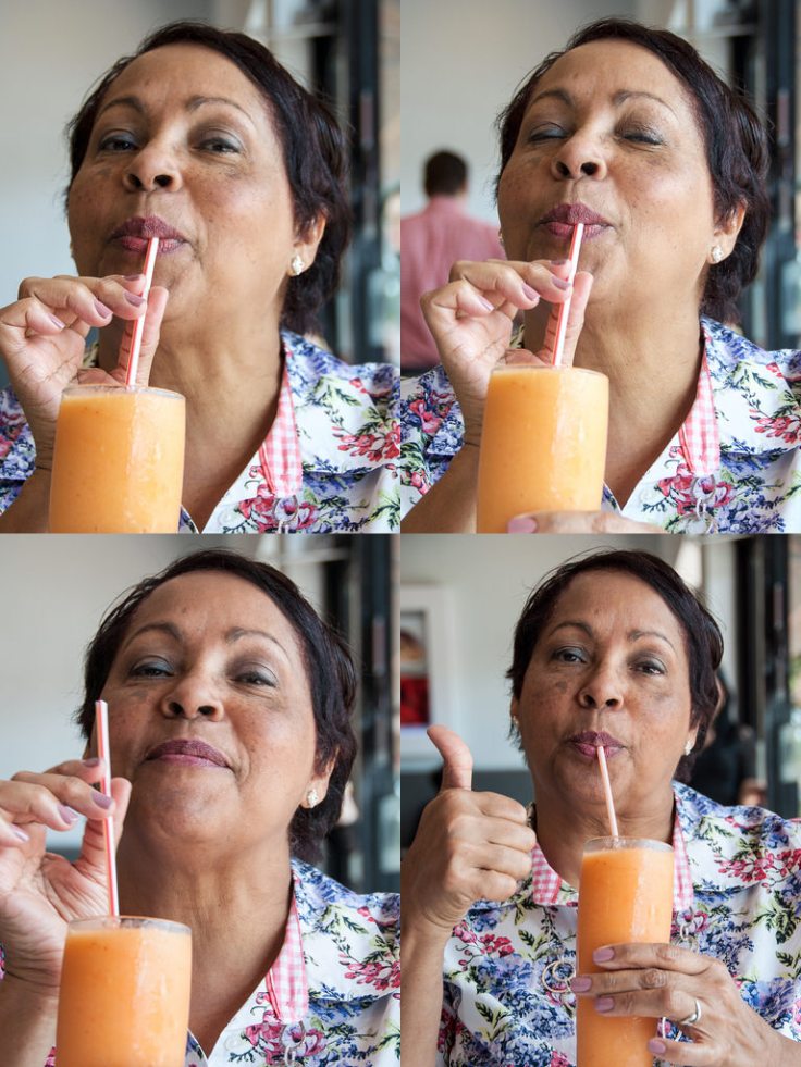 Ms. G. enjoying her Mango, strawberry and passion fruit juice