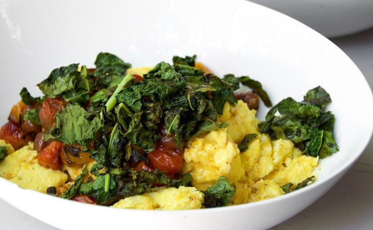 Blistered Tomato, Baby Kale and Egg Scramble