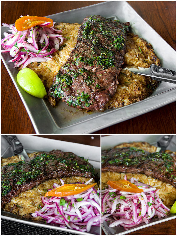 My Tacu Tacu with Churrasco. Taco Tacu is a crispy blend of Peruvian white beans and rice served in a shape of a tortilla.