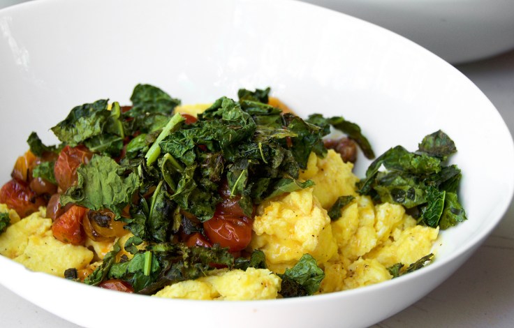 Blistered Tomato, Baby Kale and Egg Scramble